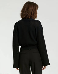 Black Crochet Knit Flare Long Sleeve Gold Button Cropped Cardigan