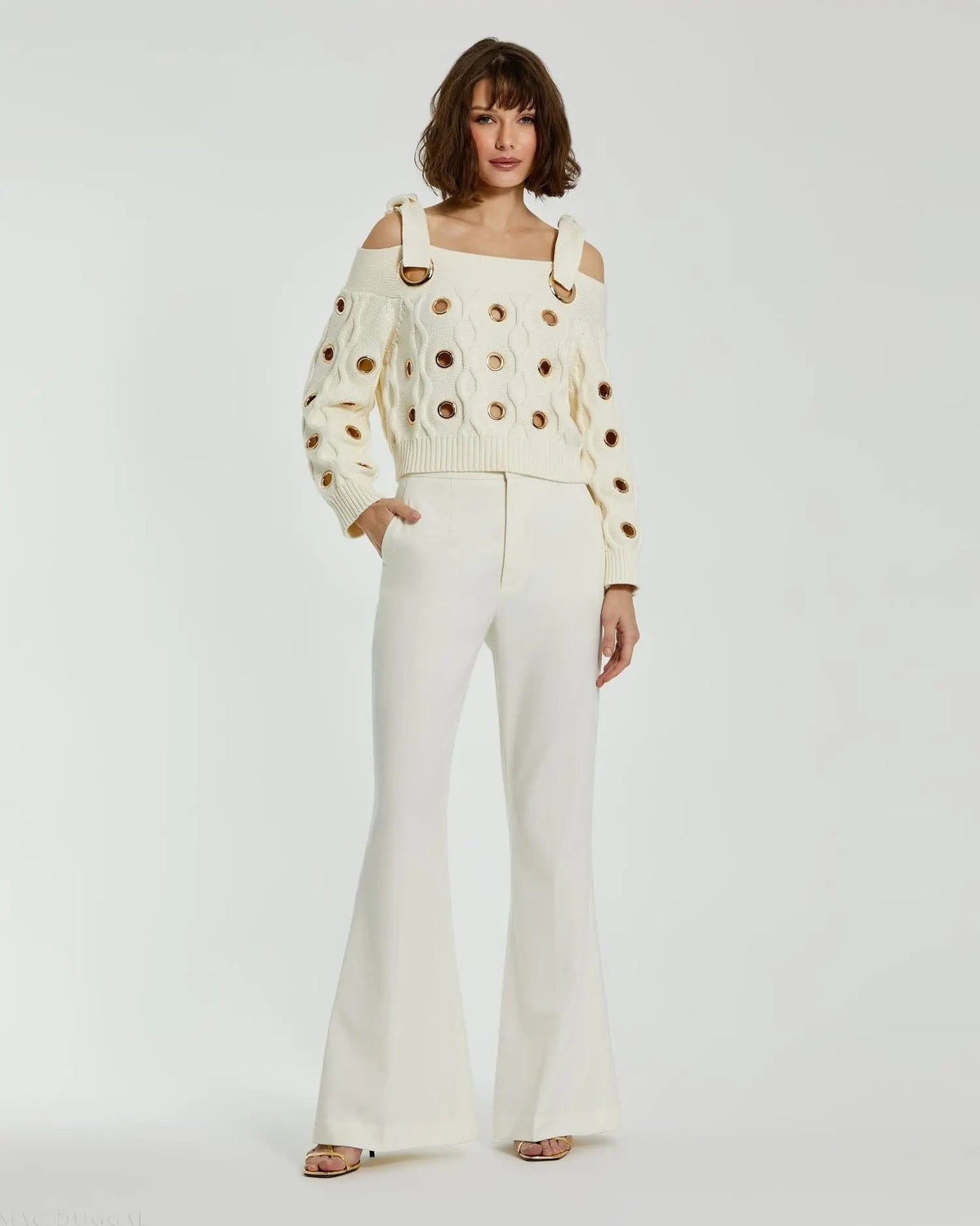 Ivory Chunky Knit Off The Shoulder Grommet Cropped Sweater - FINAL SALE