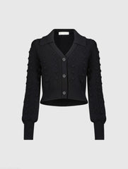 Black Cropped Bobble Cable Knit Button Up Cardigan Sweater
