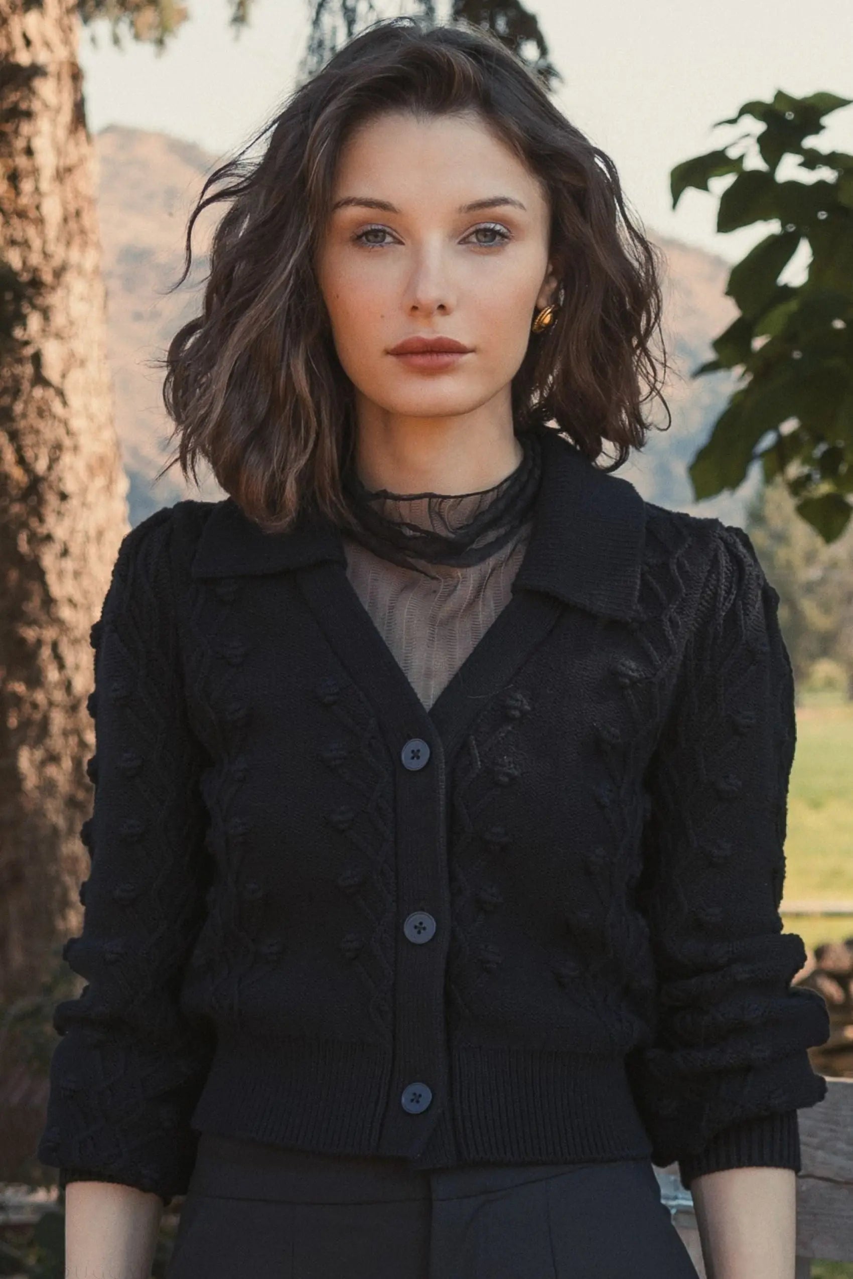 Black Cropped Bobble Cable Knit Button Up Cardigan Sweater