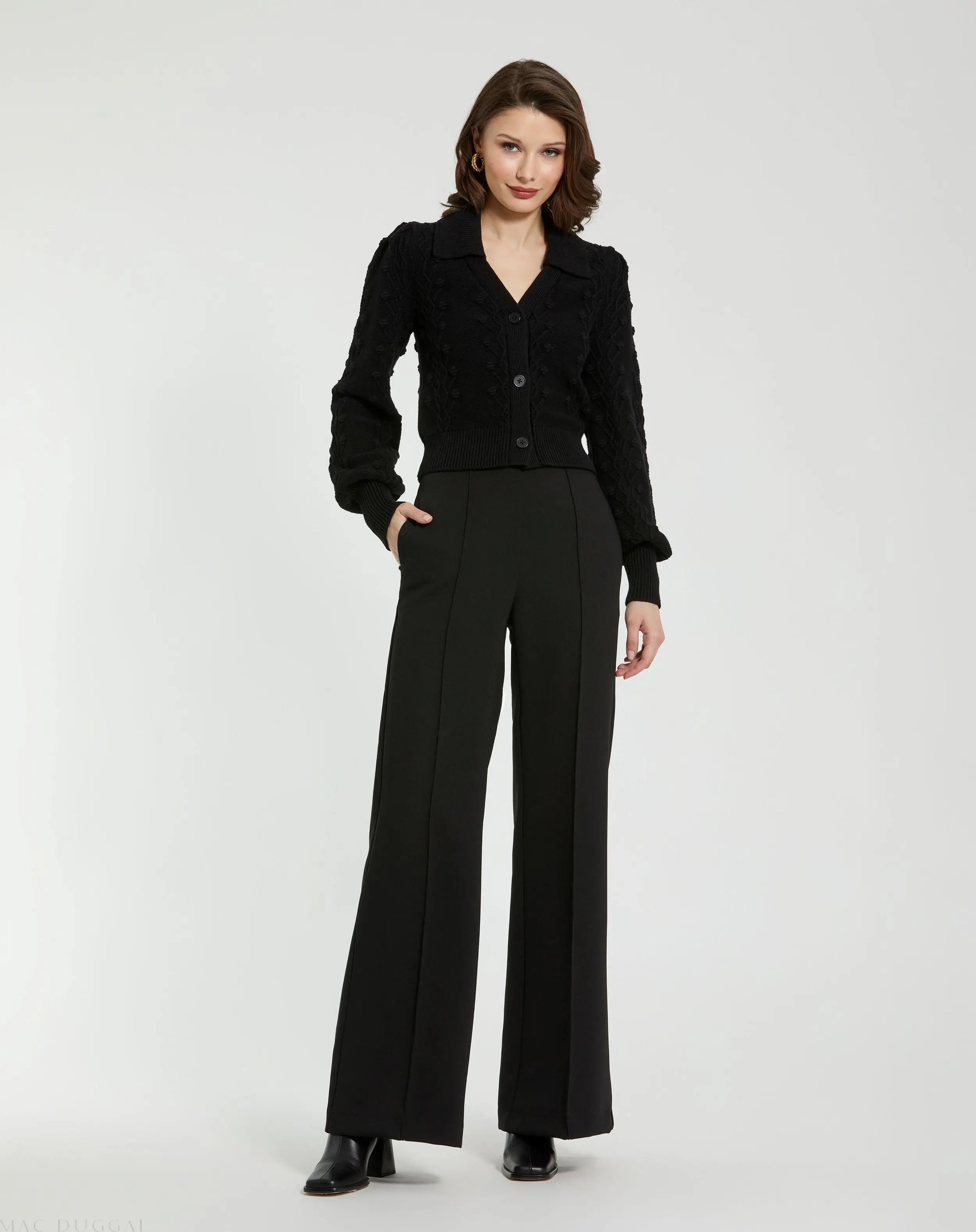 Black Cropped Bobble Cable Knit Button Up Cardigan Sweater