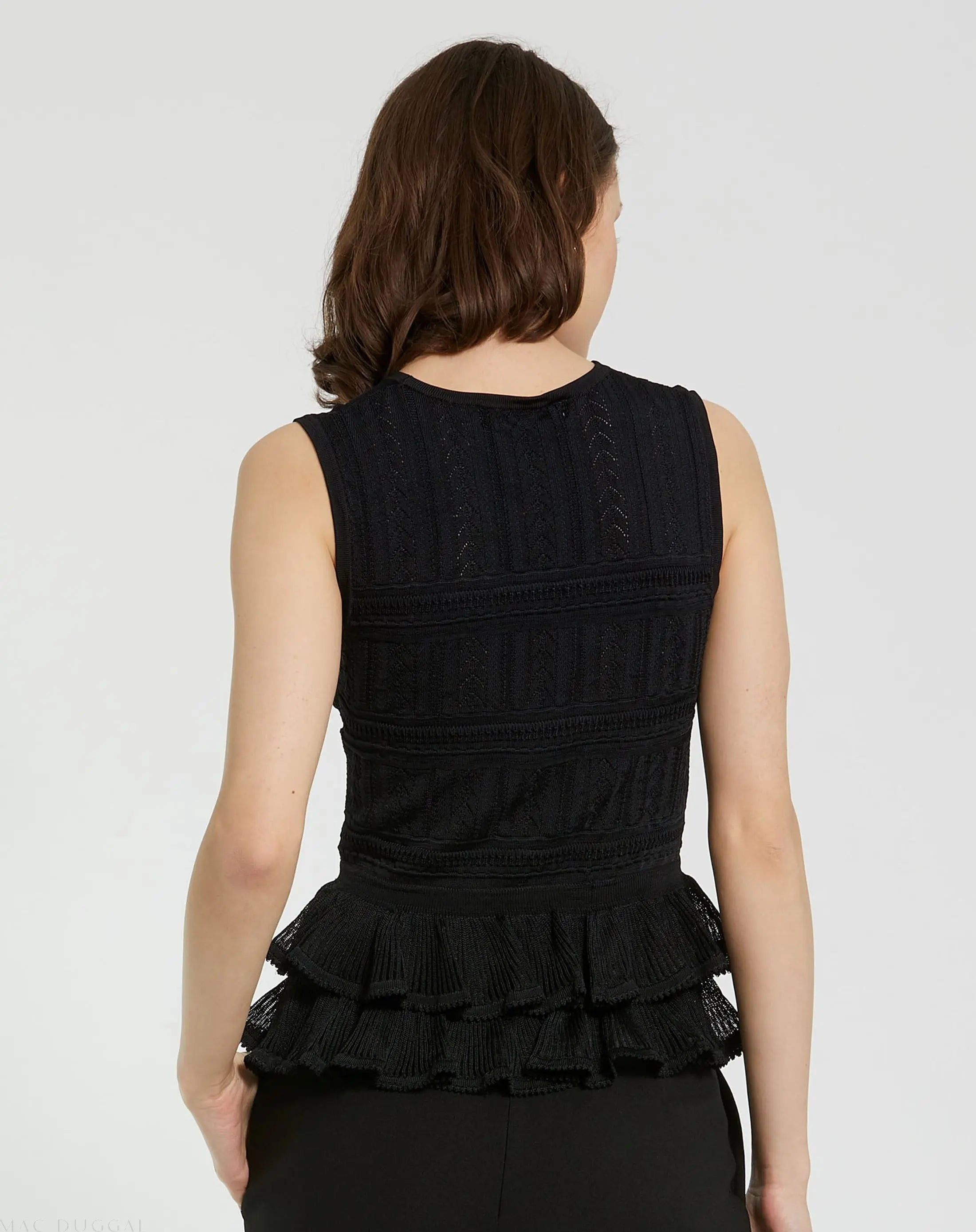 Black Sleeveless High Neck Knit Top With Ruffle Hem - FINAL SALE