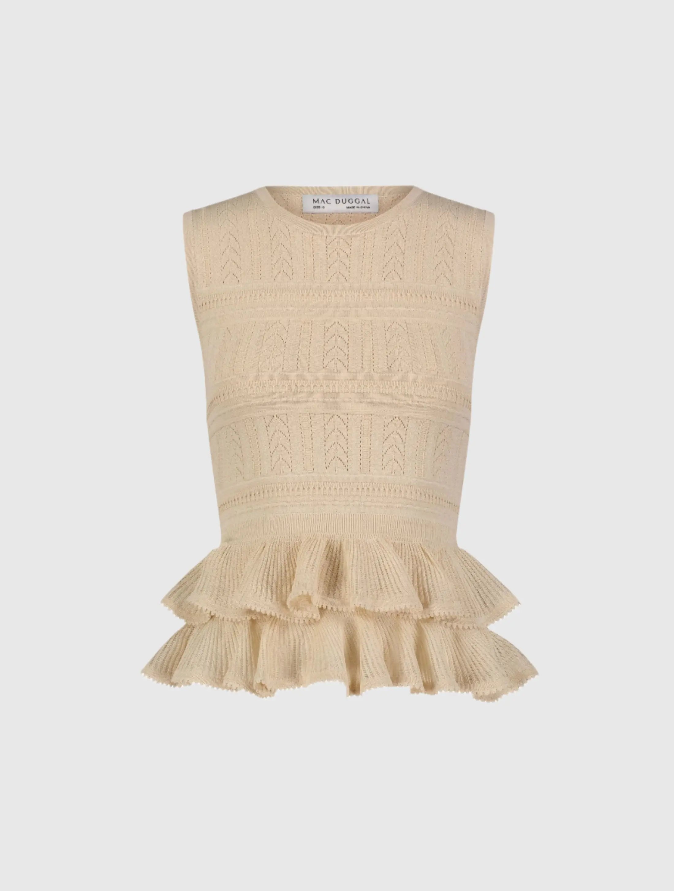 Beige Sleeveless High Neck Knit Top With Ruffle Hem