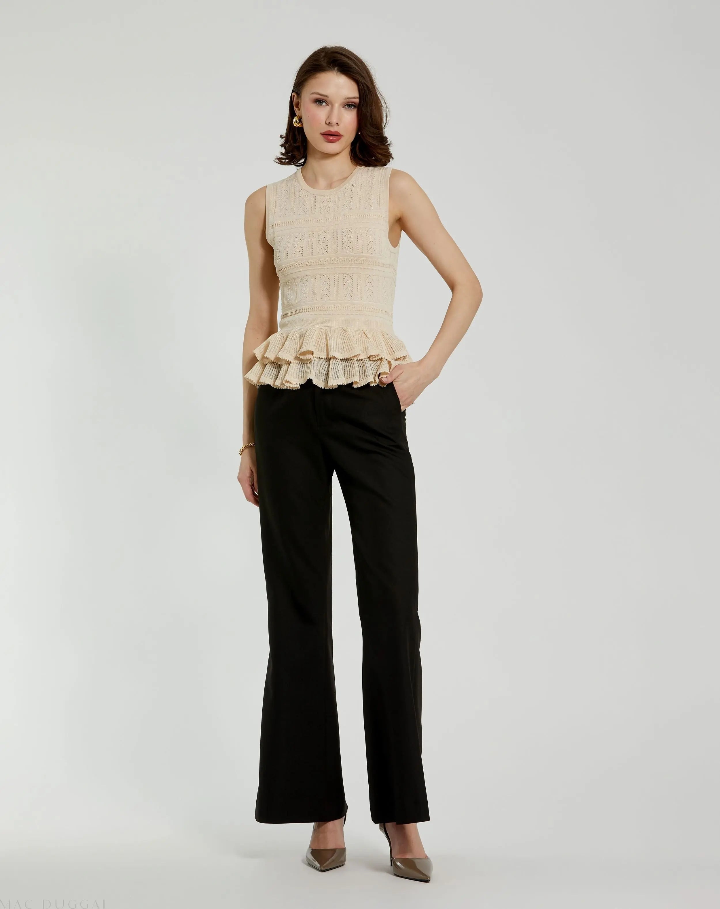 Beige Sleeveless High Neck Knit Top With Ruffle Hem