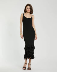 Black Rib Knit Sleeveless Midi Dress With Ruffle Hem