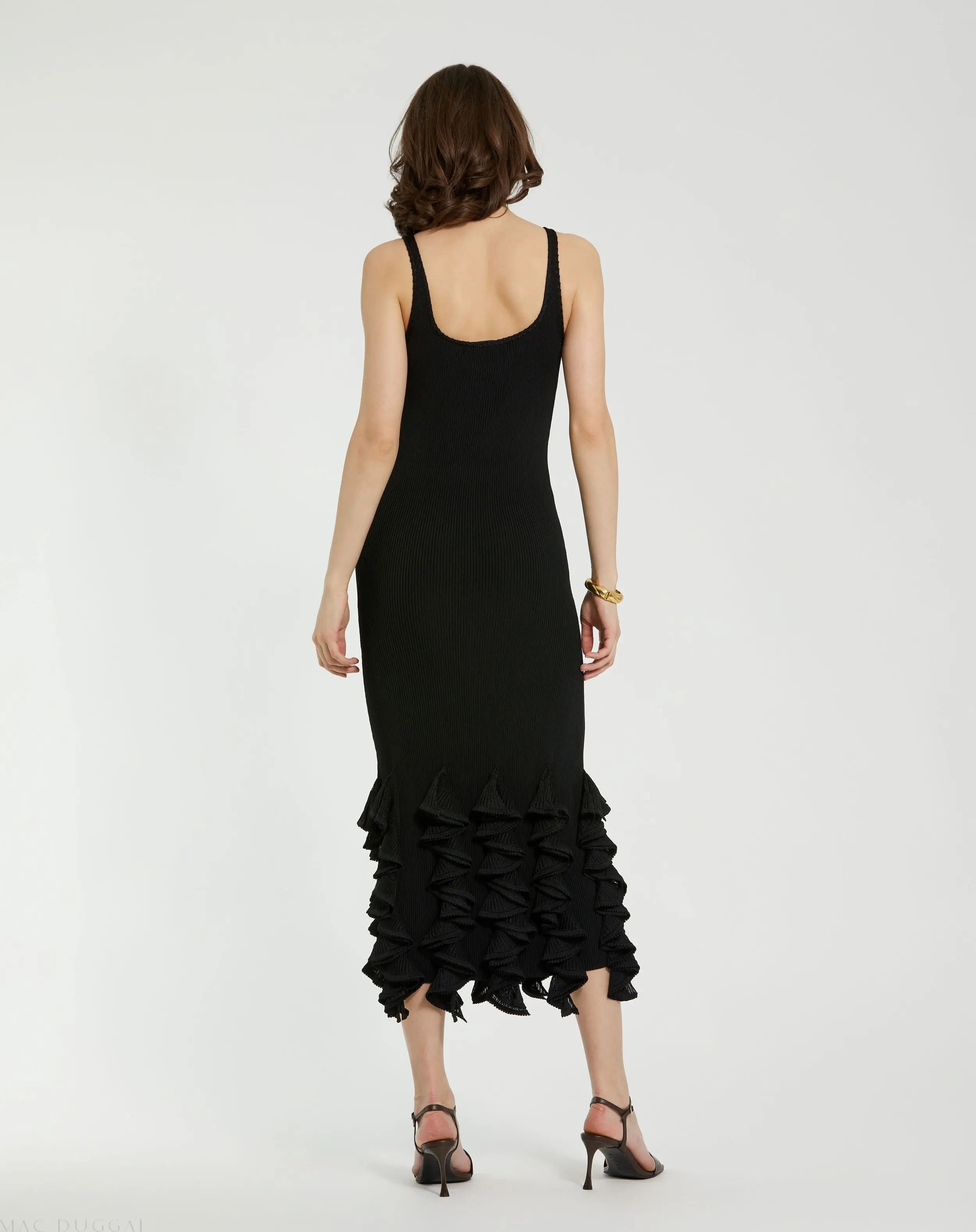 Black Rib Knit Sleeveless Midi Dress With Ruffle Hem