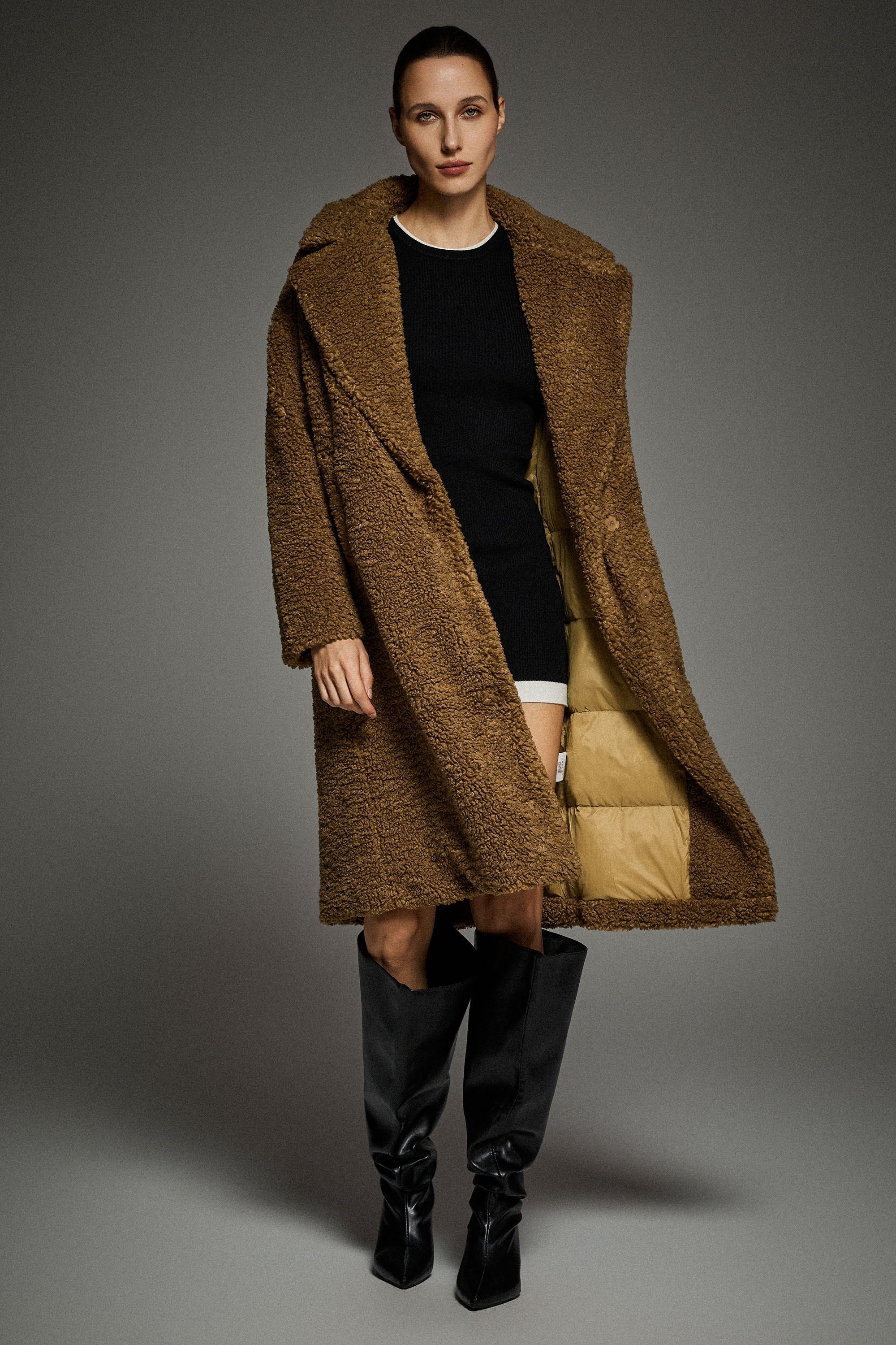 Knee-Length Fleece Lapel Down Coat