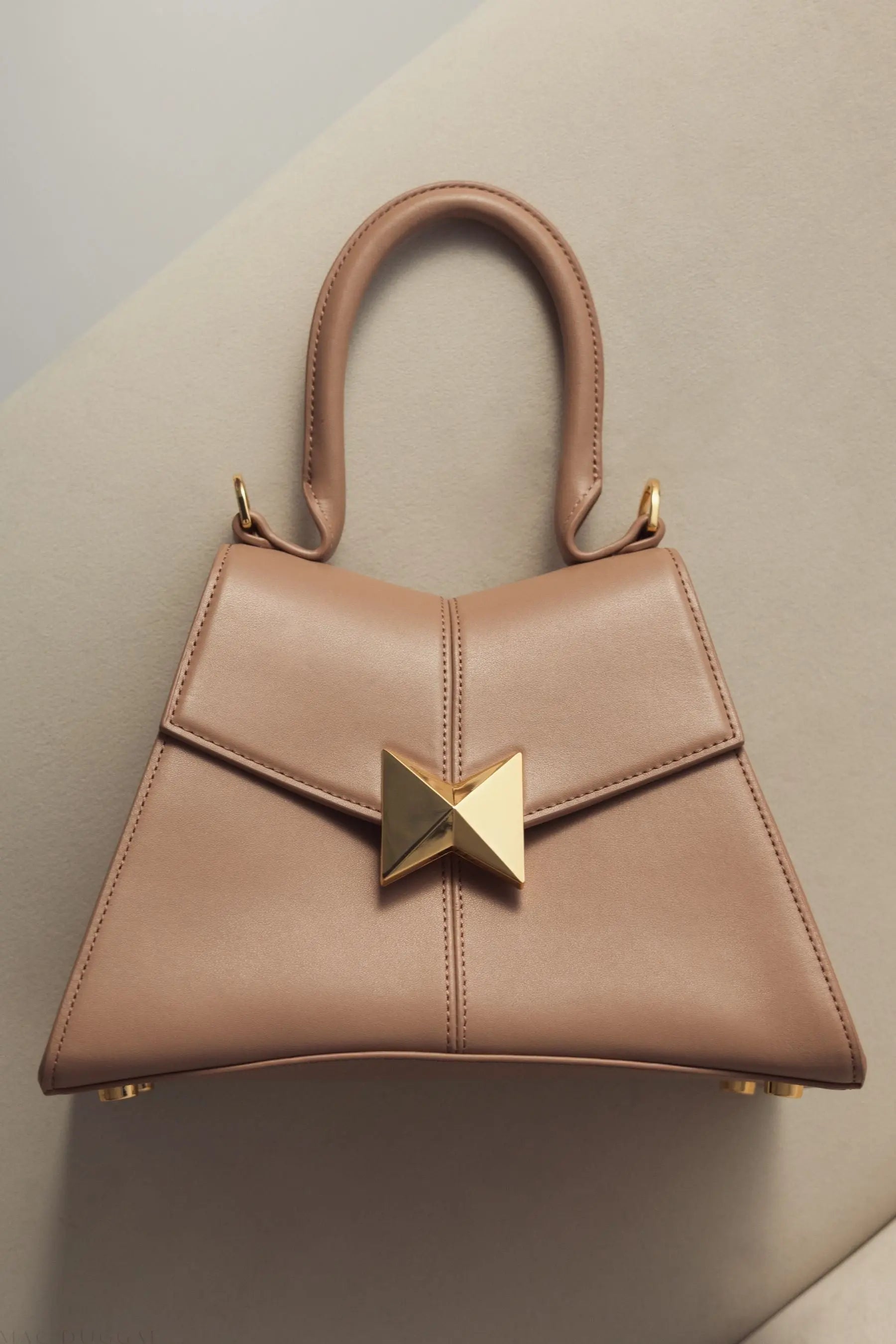 Brown Angular Small Leather Handbag With Gold Hardware