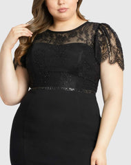 Black Lace Illusion High Neck Cap Sleeve Gown