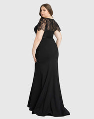 Black Lace Illusion High Neck Cap Sleeve Gown