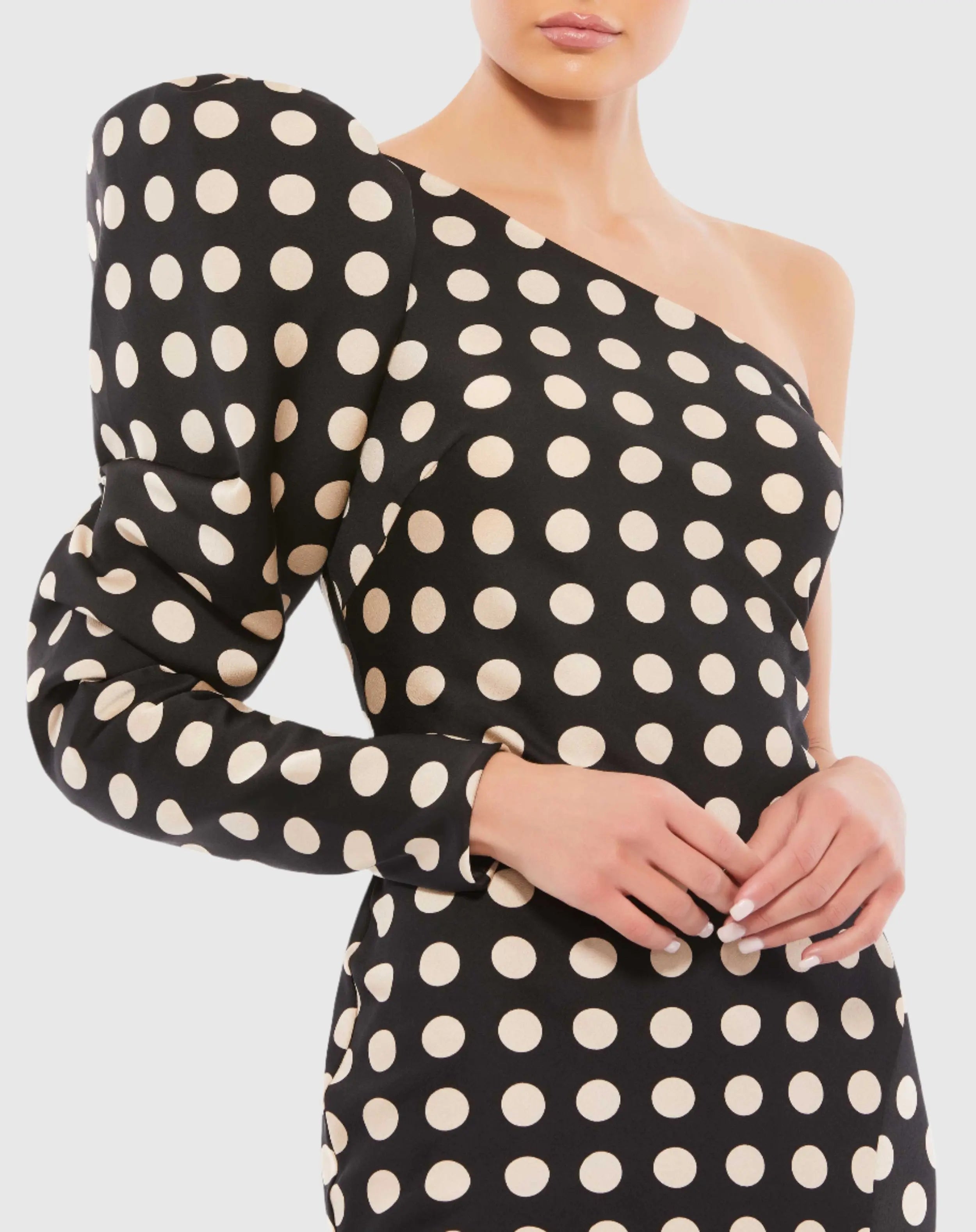 Black Long Puff Sleeve Polka Dot Tea Length Dress
