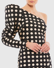 Black Long Puff Sleeve Polka Dot Tea Length Dress