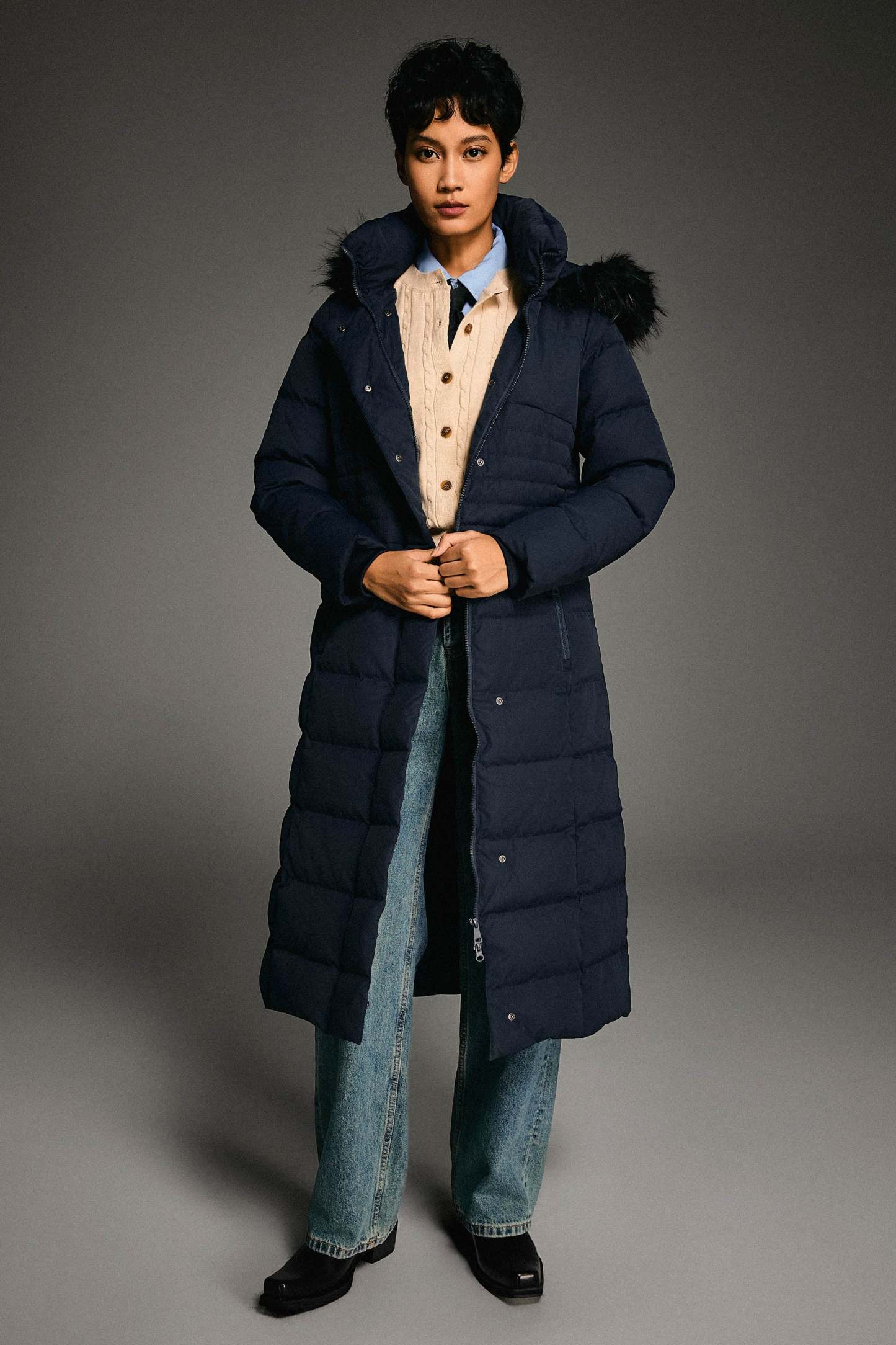 Long Puffer Down Coat with Hood Fur