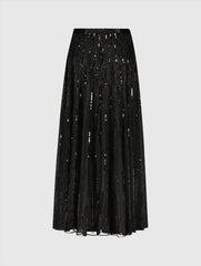 Black Long Sequin Embellished Chiffon Evening Skirt