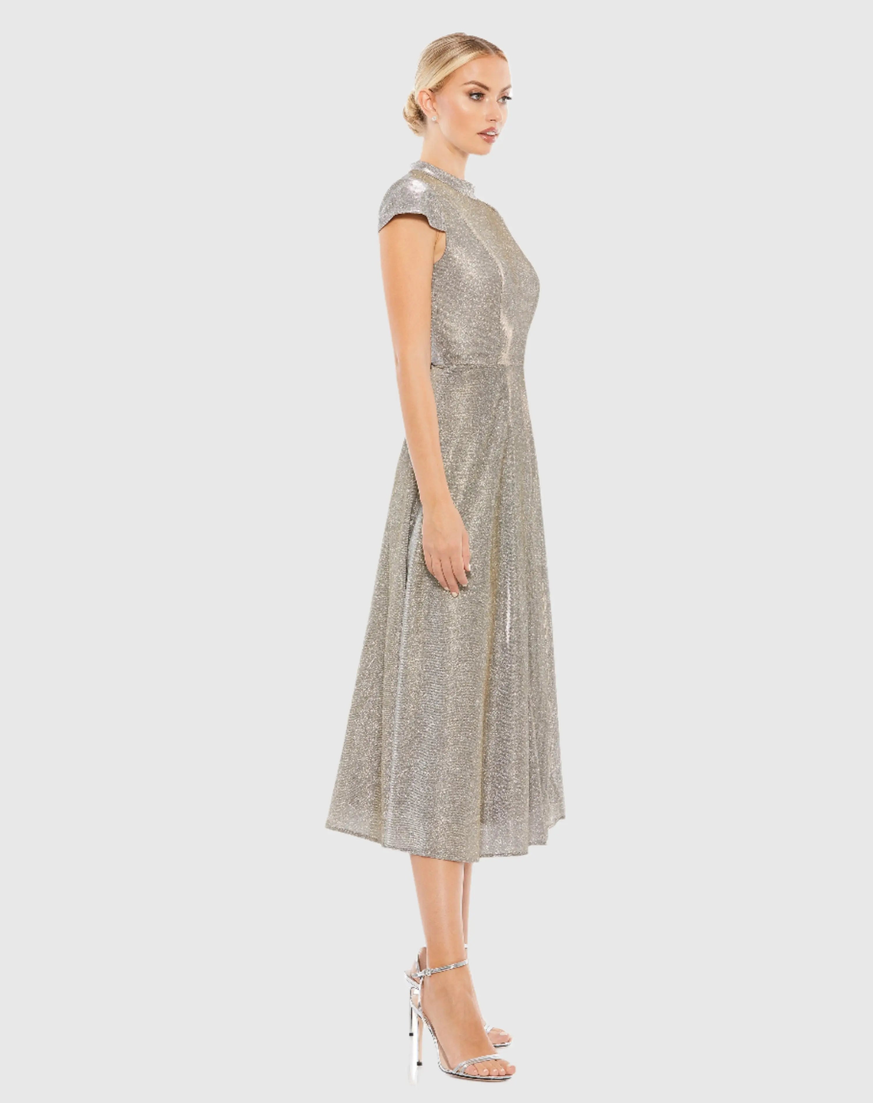 Silver Metallic Cap Sleeve Tea-Length Dress