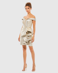 Metallic Off Shoulder Side Ruffle Mini Dress