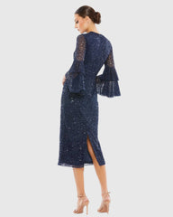 Navy Fully Sequined Ruffle Tiered 3/4 Sleeve Midi Dress