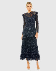 Navy High Neck Tiered Embellished Dress