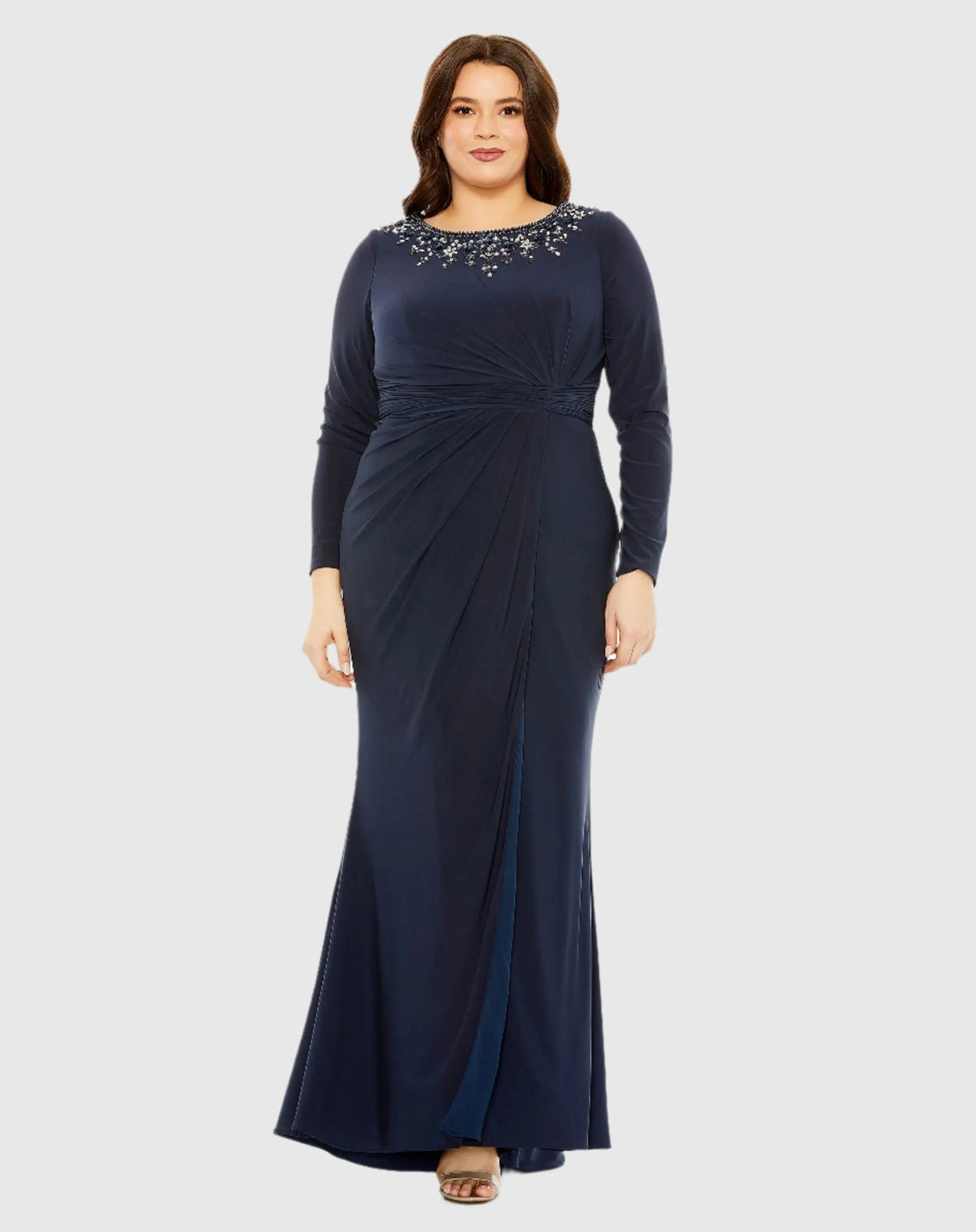 Navy Long Sleeve Embellished Neckline Jersey Gown