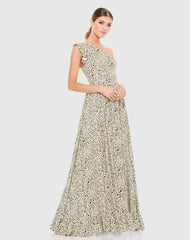 Beige One Shoulder Animal Print Gown
