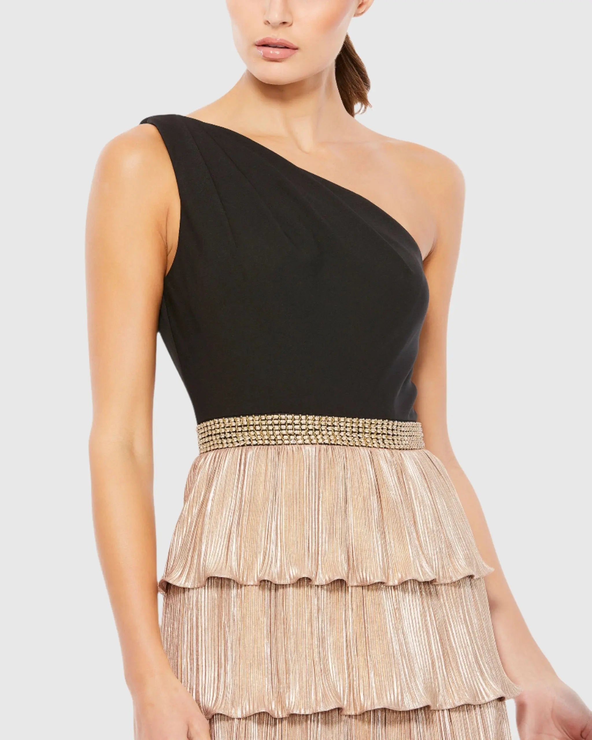 Black and Gold One-Shoulder Ruffle Tiered A-Line Gown