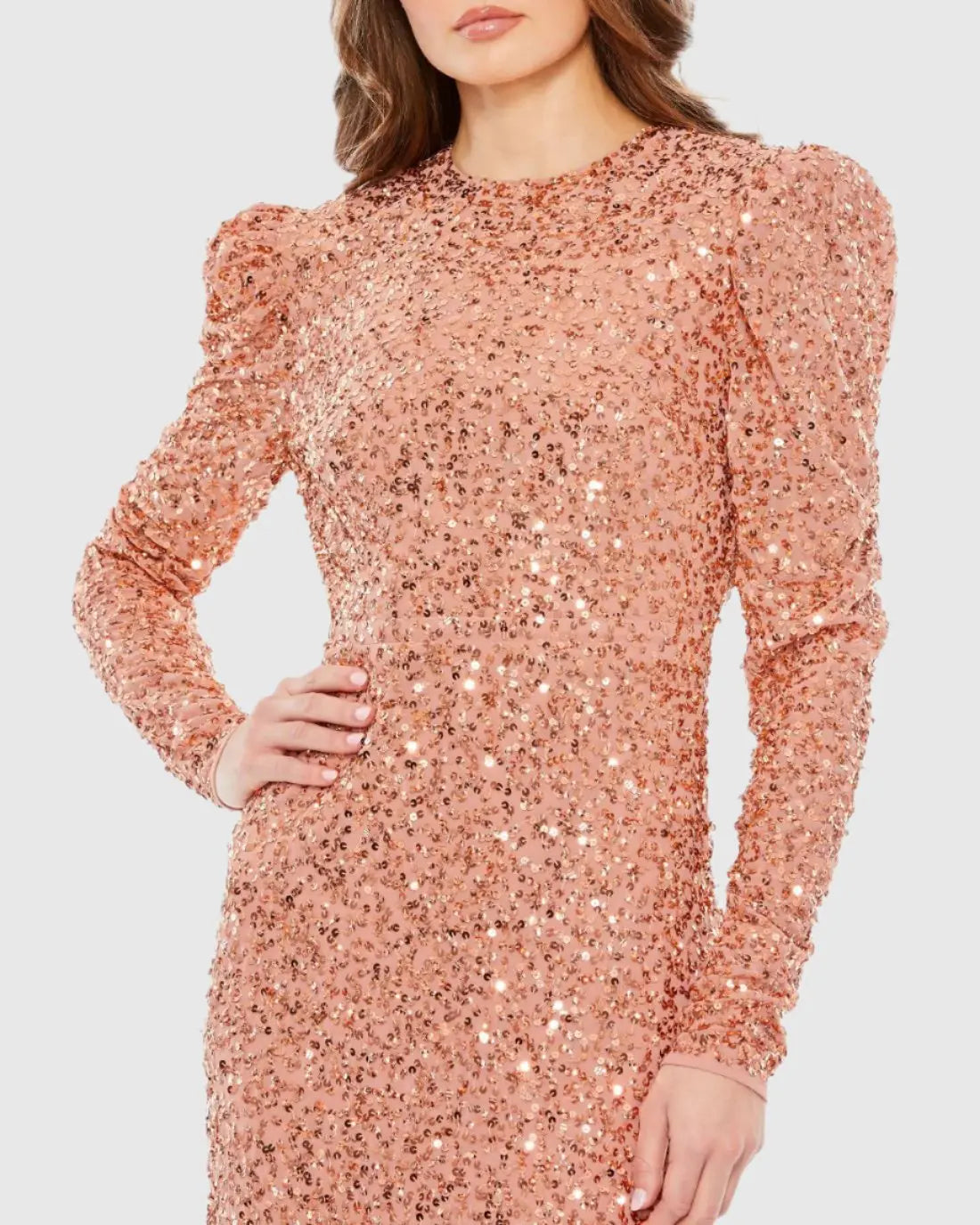 Orange Sequined Long Sleeve High Neck Trumpet Dress
