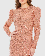 Orange Sequined Long Sleeve High Neck Trumpet Dress