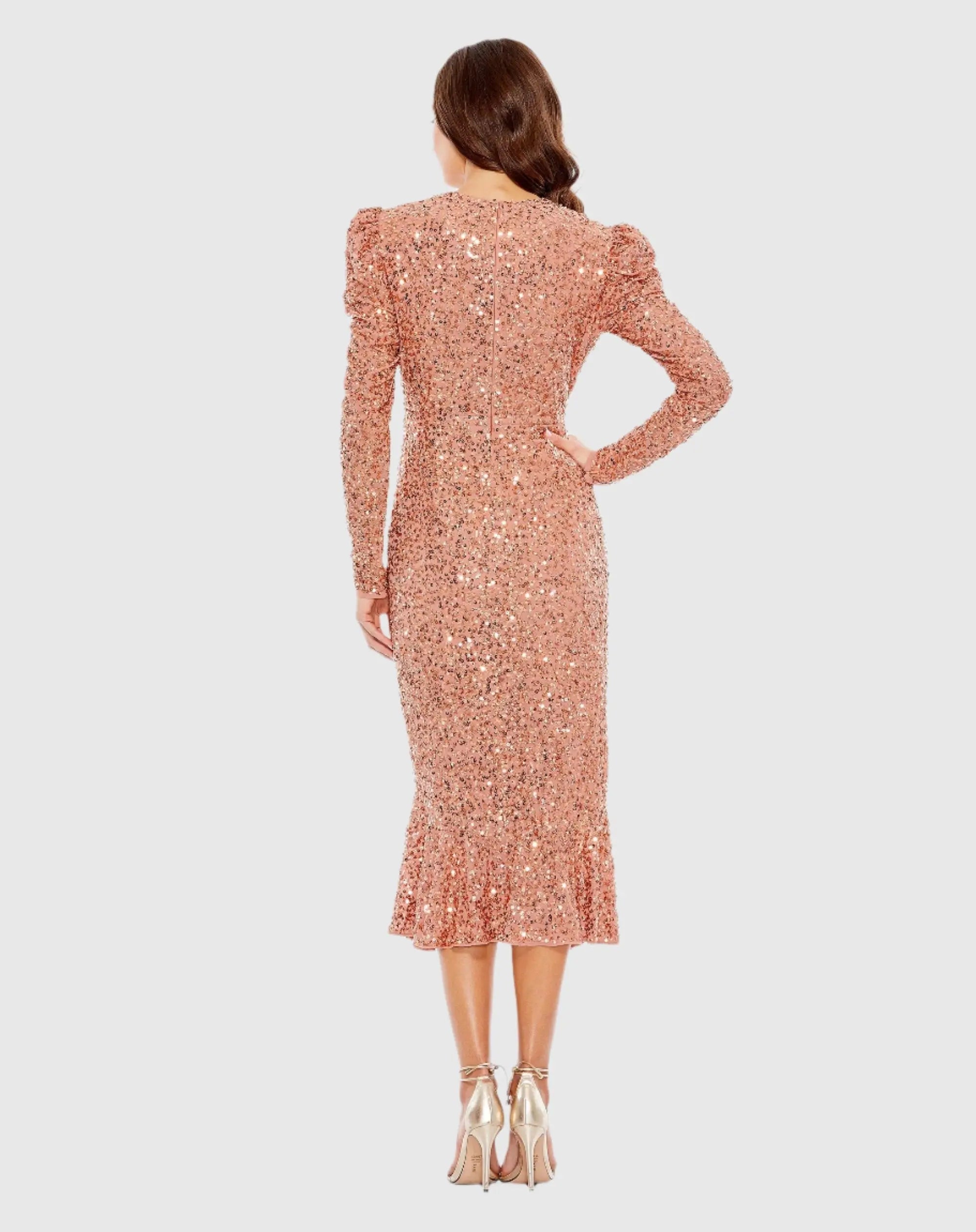 Orange Sequined Long Sleeve High Neck Trumpet Dress