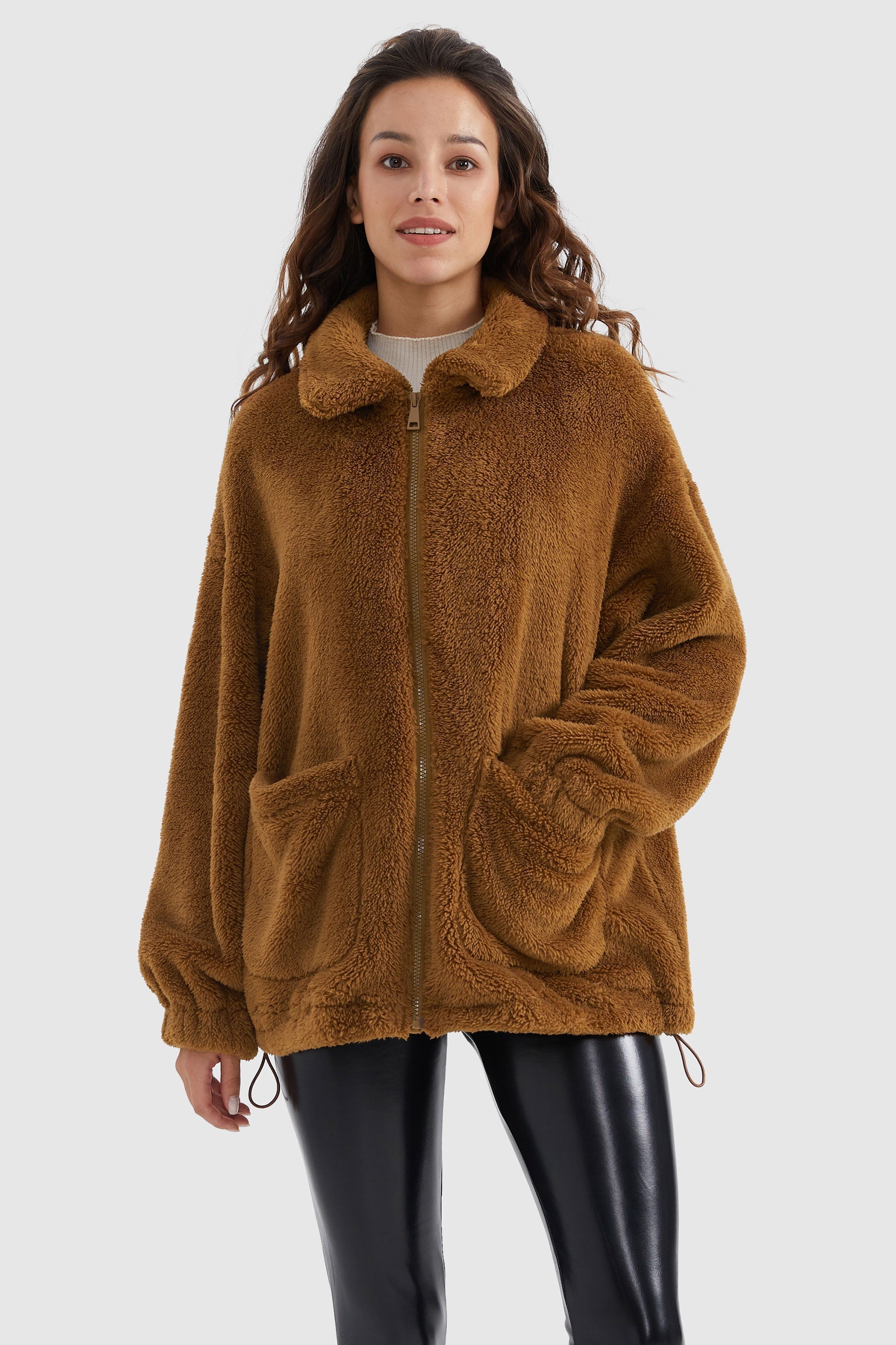 Drawstring Hem Fleece Zip-Up