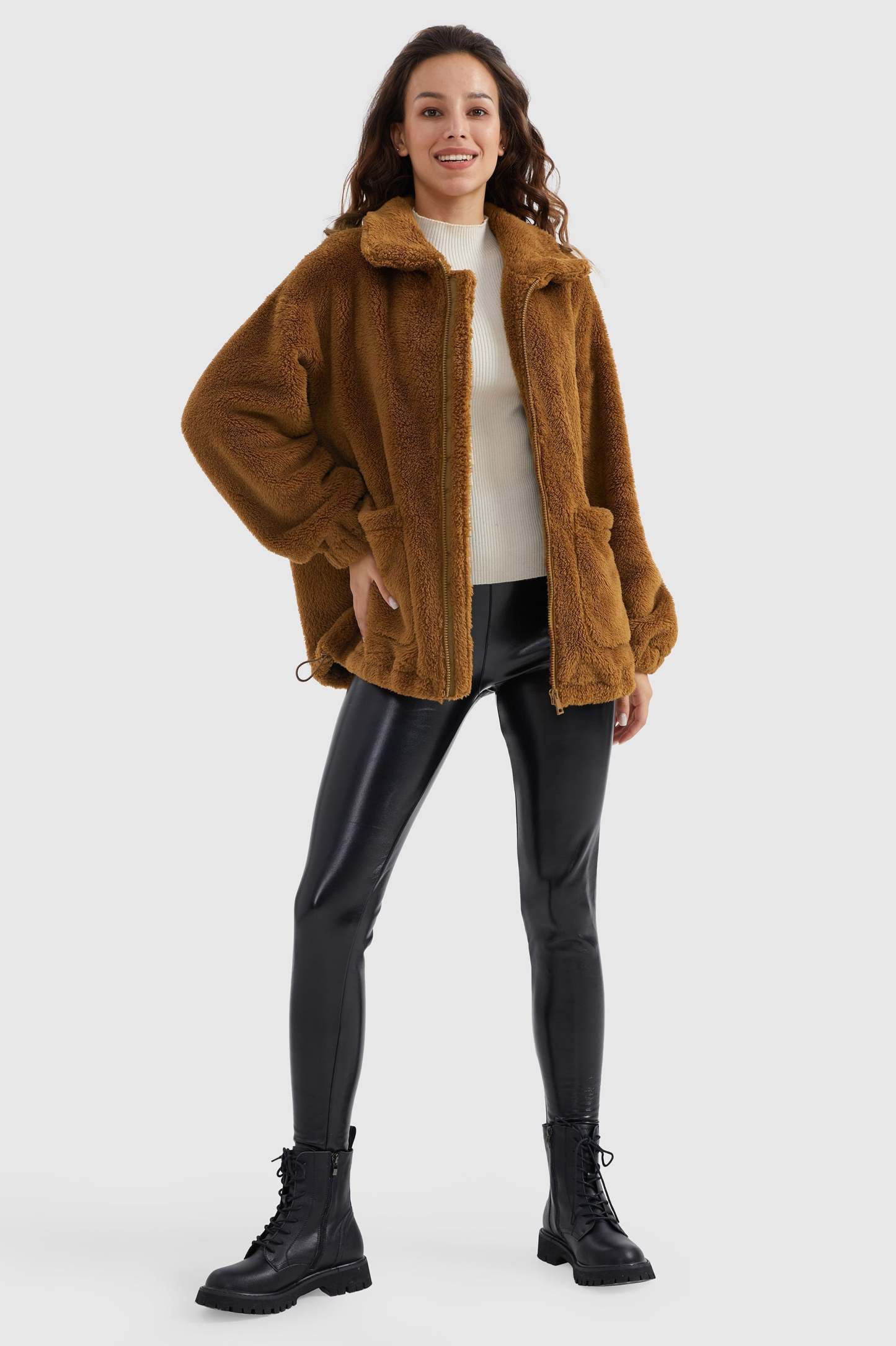 Drawstring Hem Fleece Zip-Up