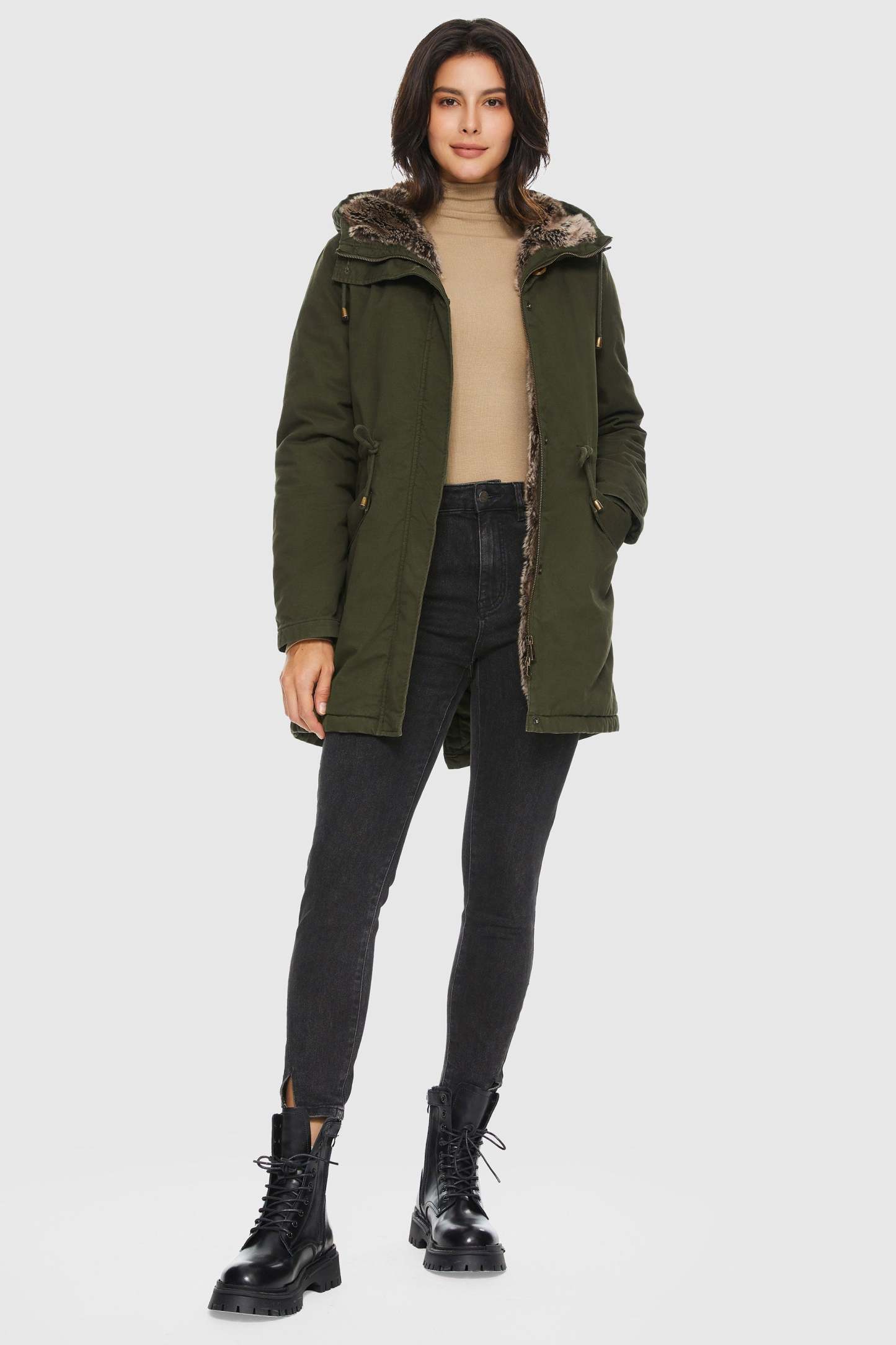Faux Fur Lined Military Fleece Parka Jacket