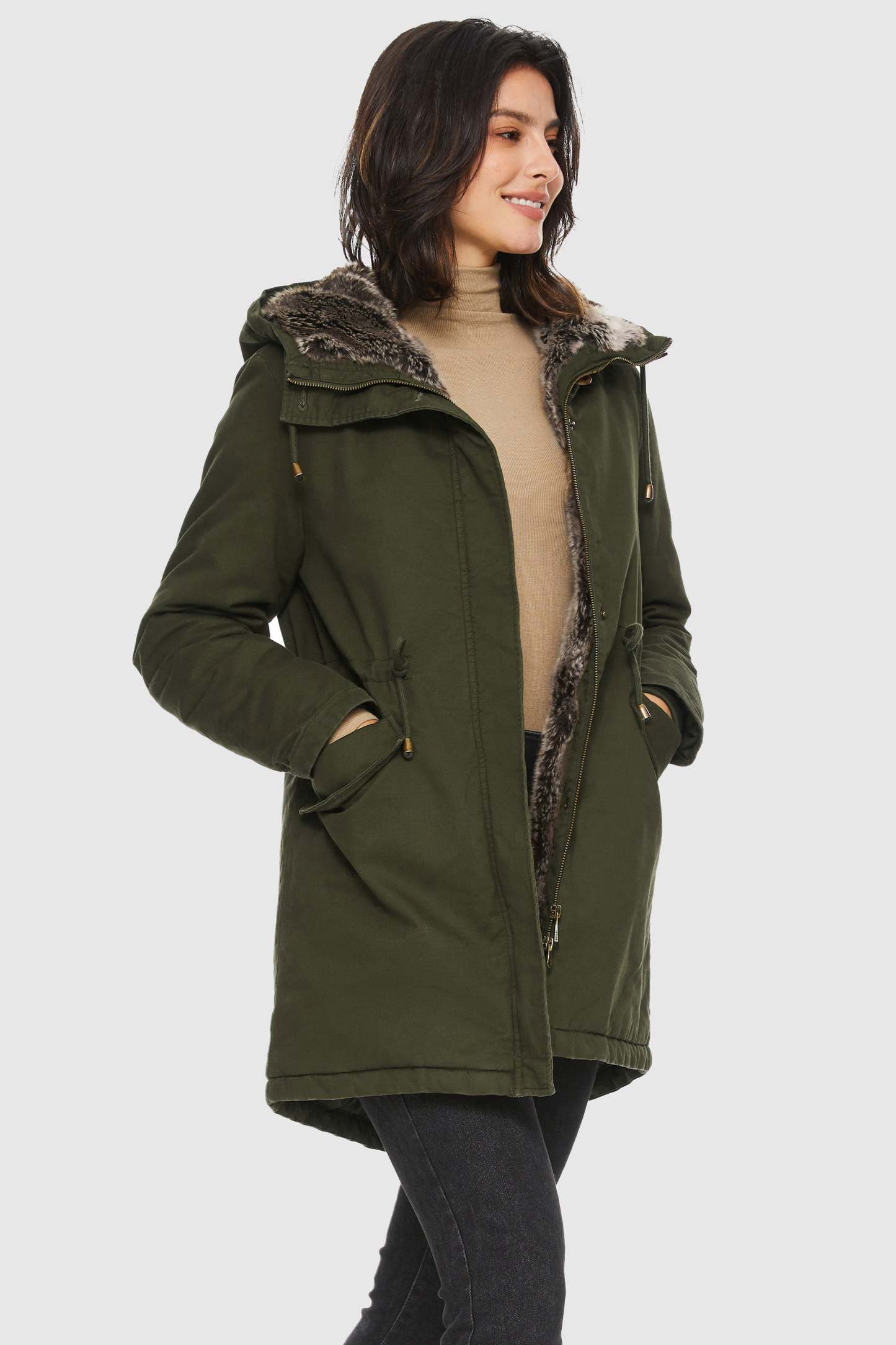 Faux Fur Lined Military Fleece Parka Jacket