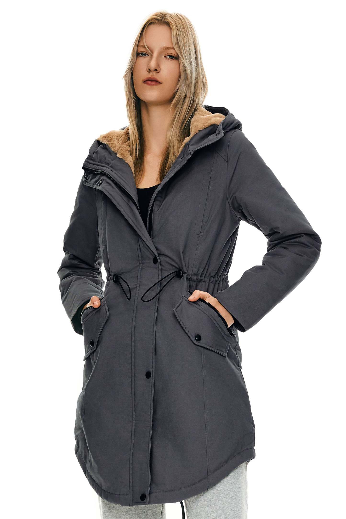 Fleece-Lined Hooded Parka Jacket with Pockets