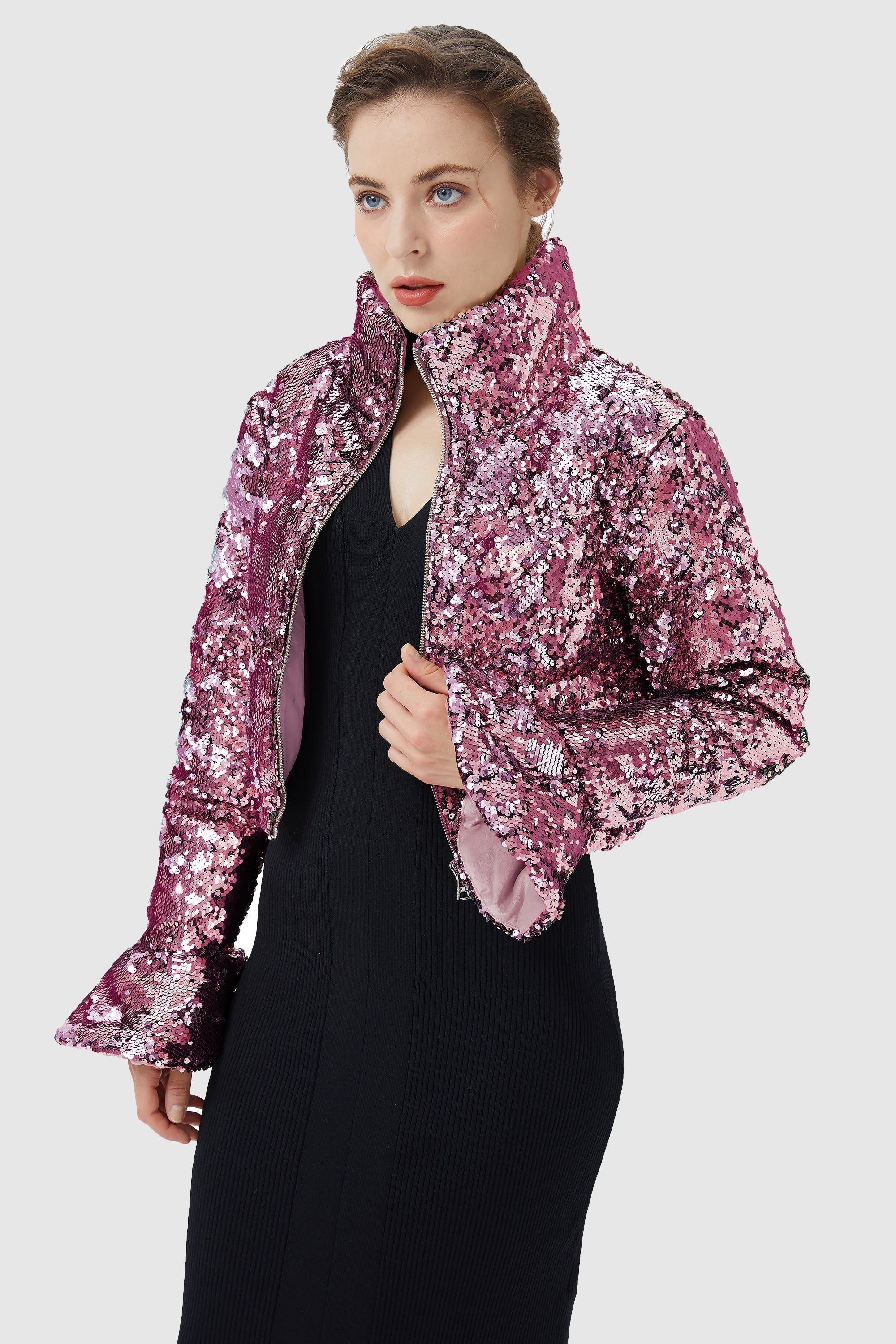 Sequin Fashion Petite Down Jacket with Stand Collar