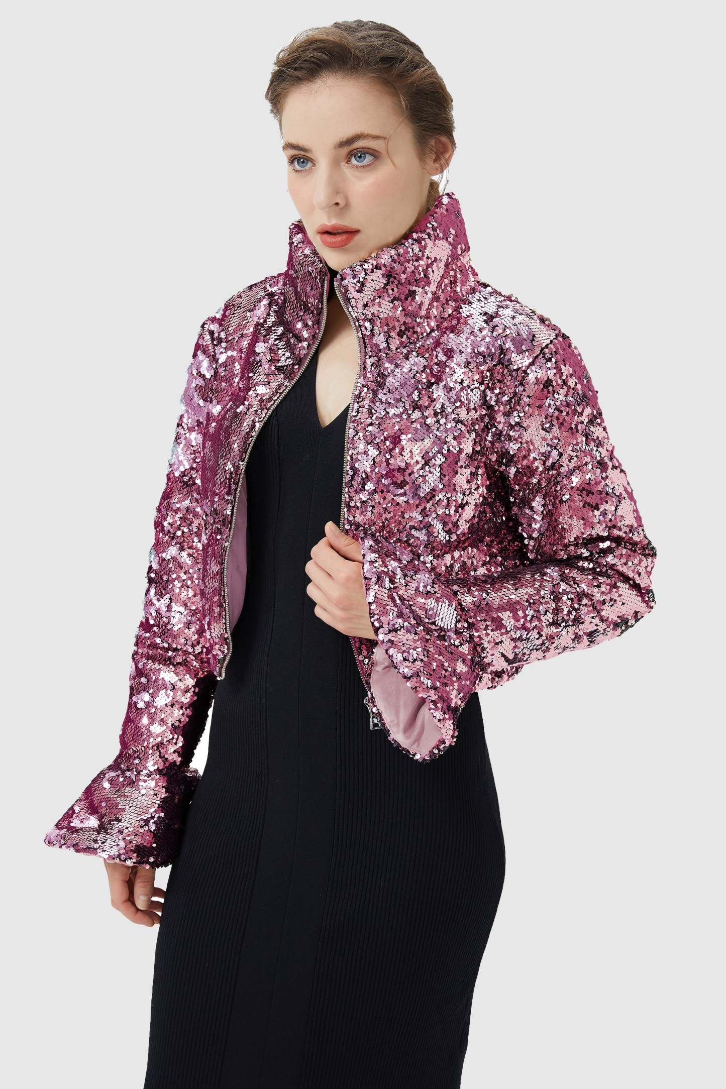 Sequin Fashion Petite Down Jacket with Stand Collar
