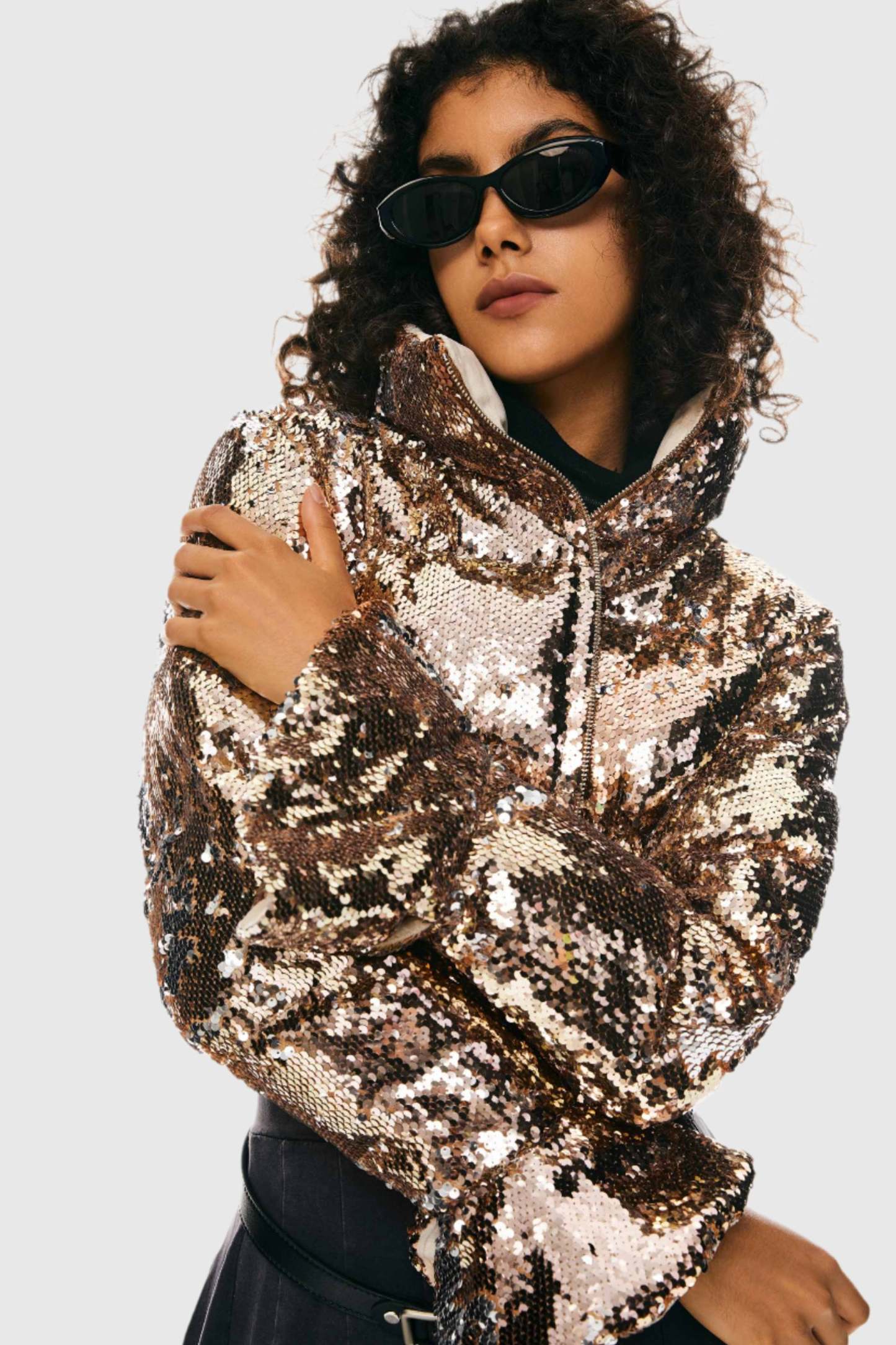 Sequin Fashion Petite Down Jacket with Stand Collar