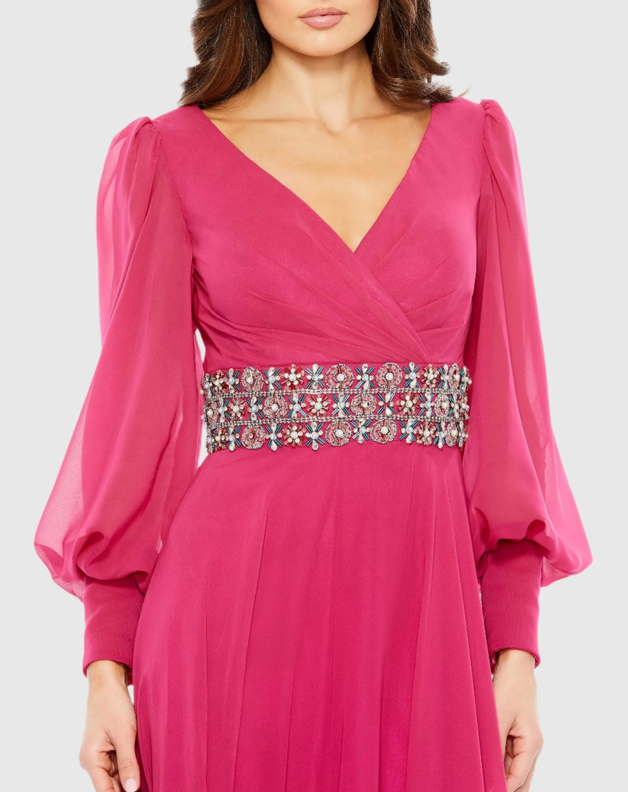 Pink Bishop Sleeve Wrap Over Belt Detail Flowy Gown