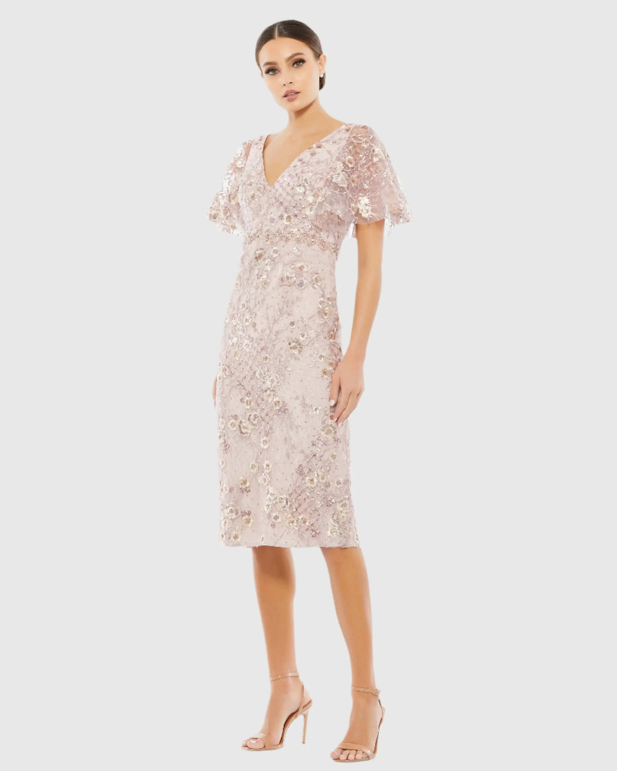 Pink Embellished Illusion Butterfly Sleeve Cocktail Dress