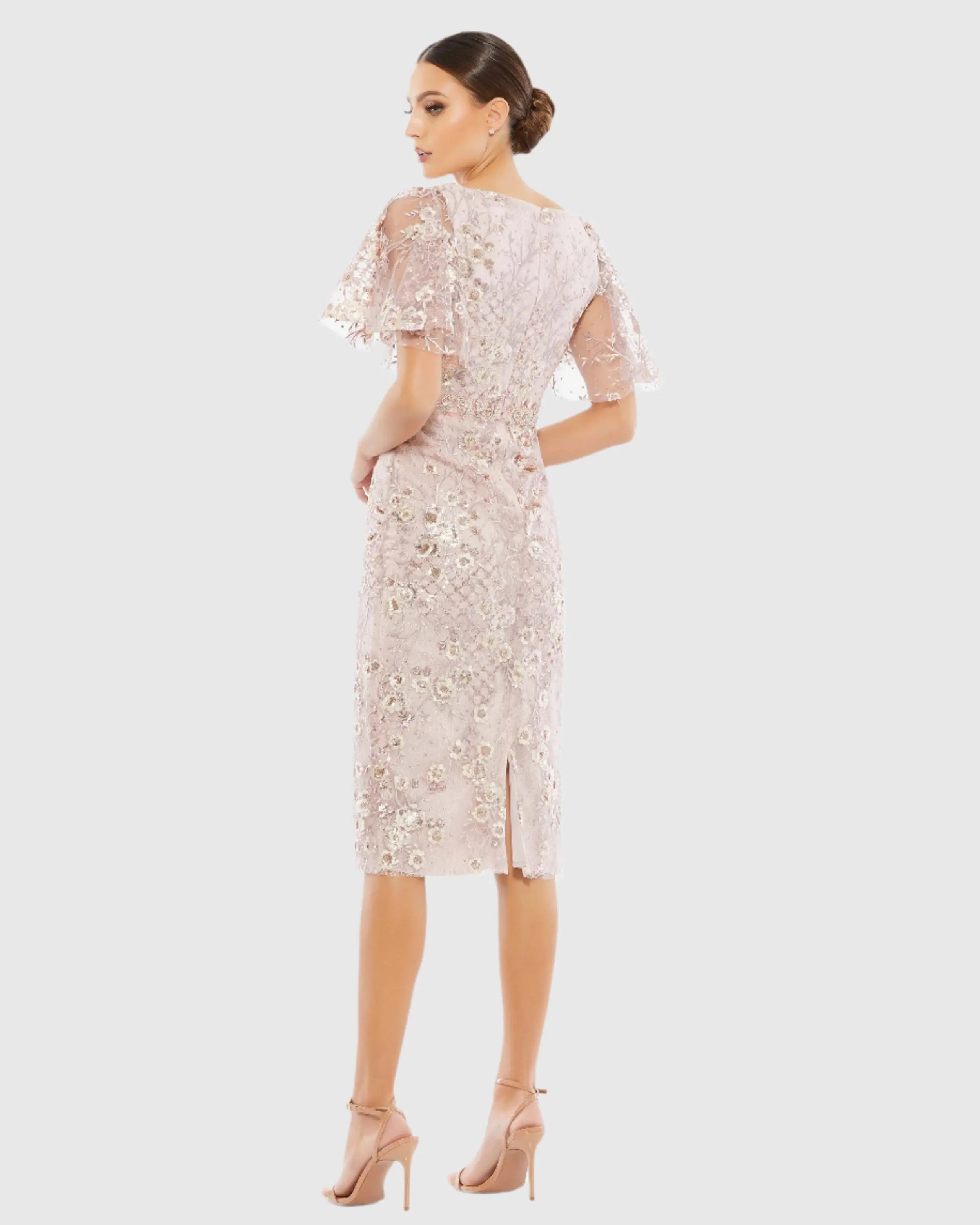 Pink Embellished Illusion Butterfly Sleeve Cocktail Dress