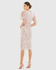 Pink Embellished Illusion Butterfly Sleeve Cocktail Dress