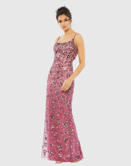 Pink Floral Embellished Scoop Neck Evening Gown
