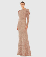 Pink Sequined High Neck Puff Long Sleeve Column Gown