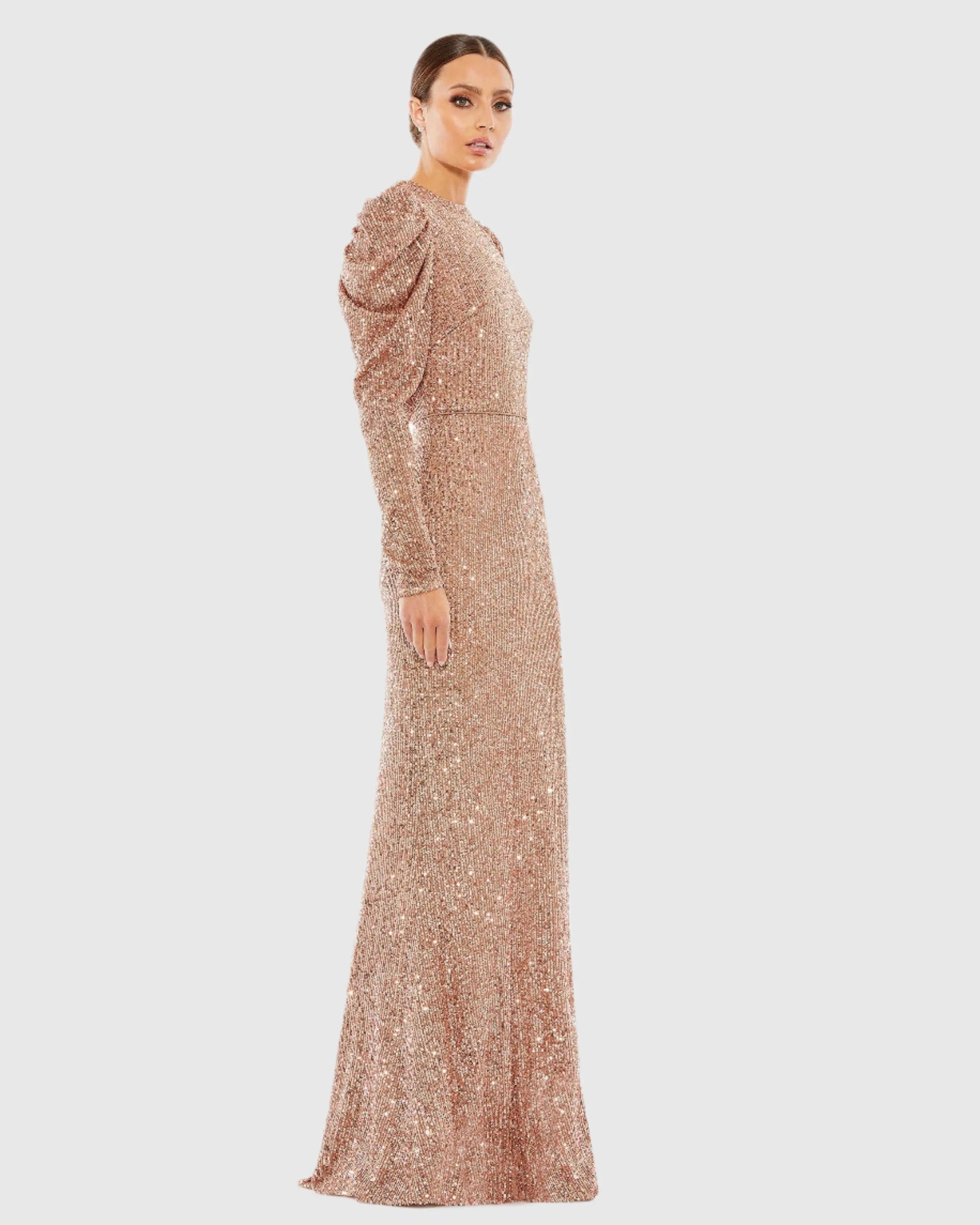 Pink Sequined High Neck Puff Long Sleeve Column Gown