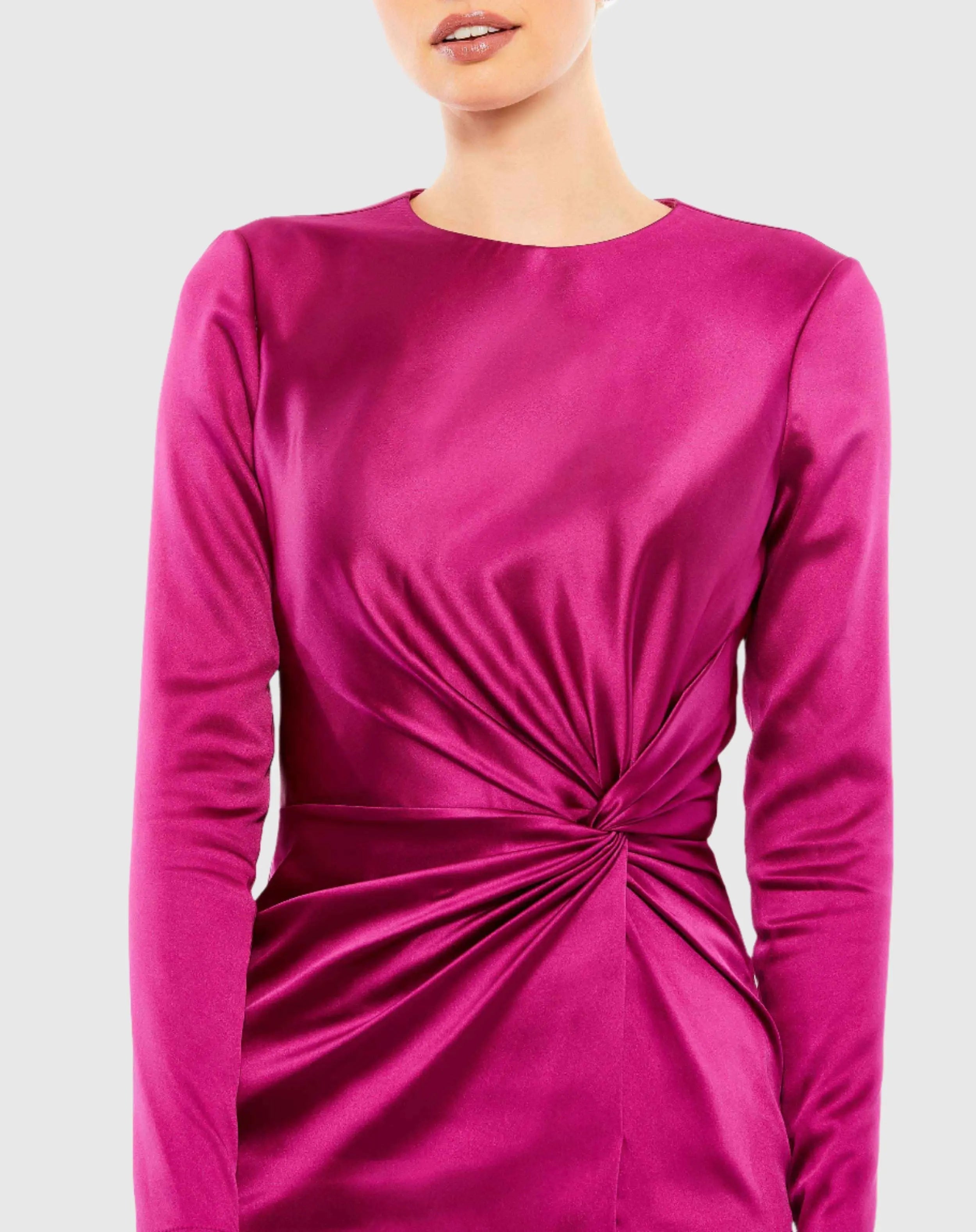 Pink Side Twist Long Sleeve Satin Midi Dress
