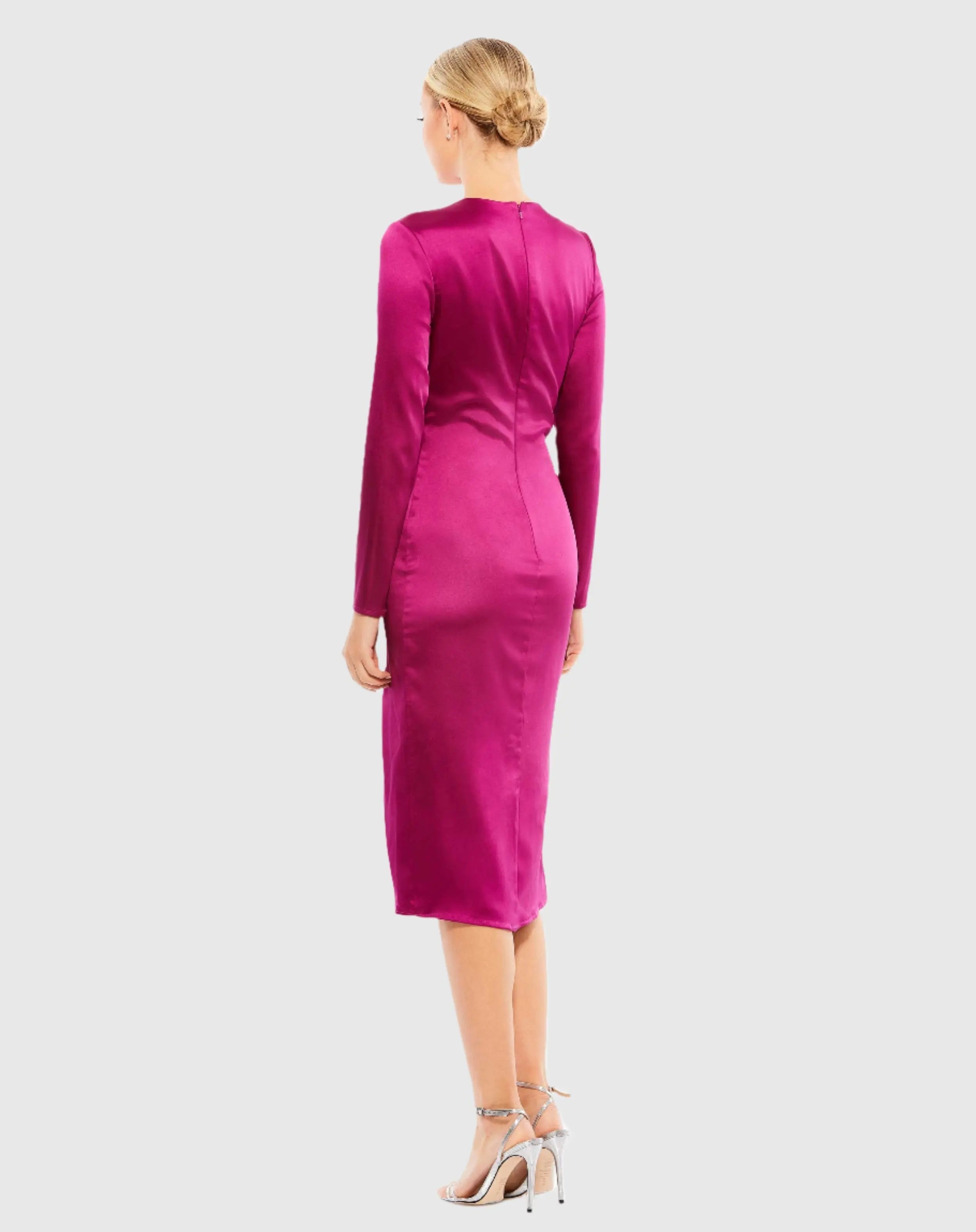 Pink Side Twist Long Sleeve Satin Midi Dress
