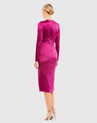 Pink Side Twist Long Sleeve Satin Midi Dress