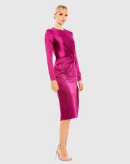 Pink Side Twist Long Sleeve Satin Midi Dress