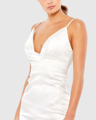 White Plunging Faux Wrap Charmeuse Mini Dress