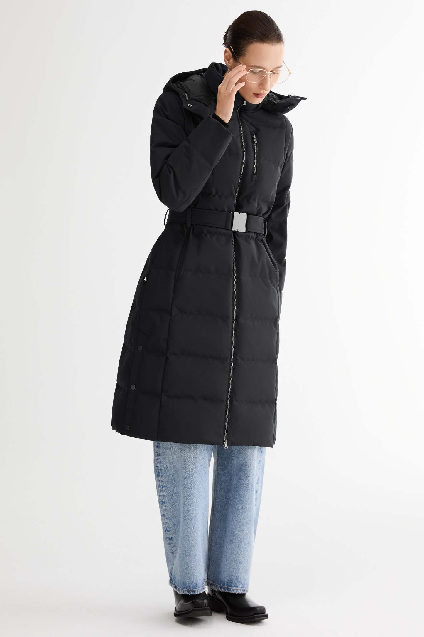 Celeste Long Hooded Belted Down Coat