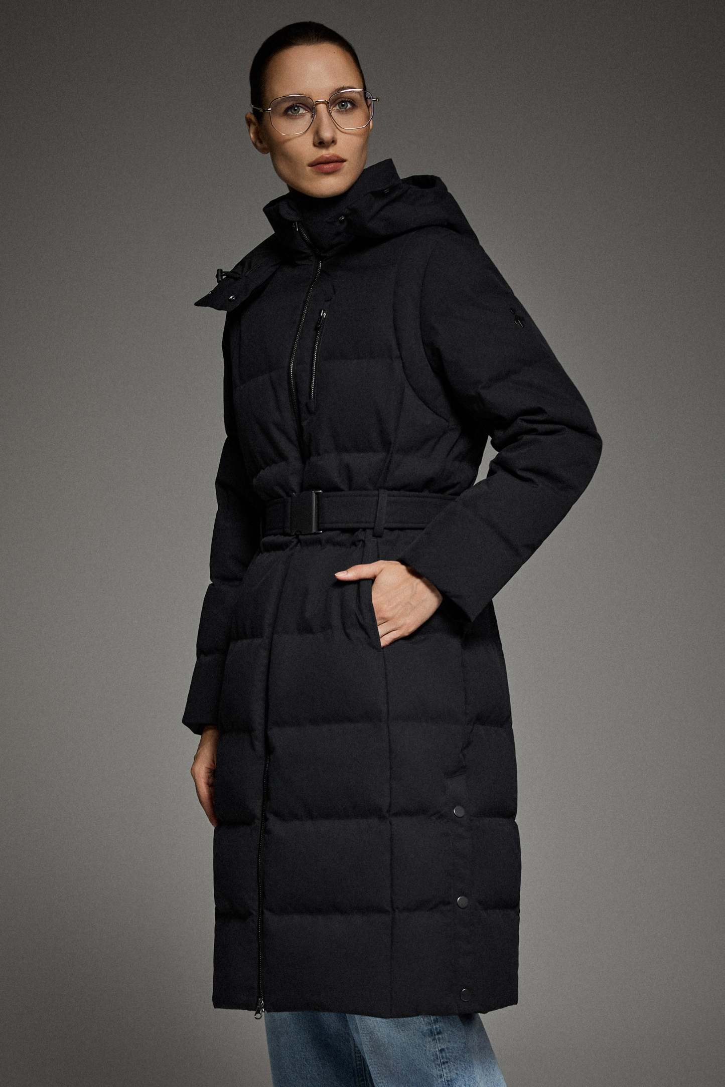 Celeste Long Hooded Belted Down Coat